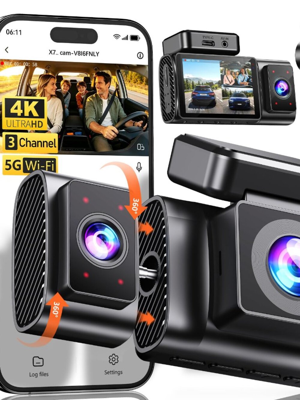 NEW Dash Cam Front and Rear 4K 3 Channel Dashcam for 5.8G WiFi + FHD & Interior